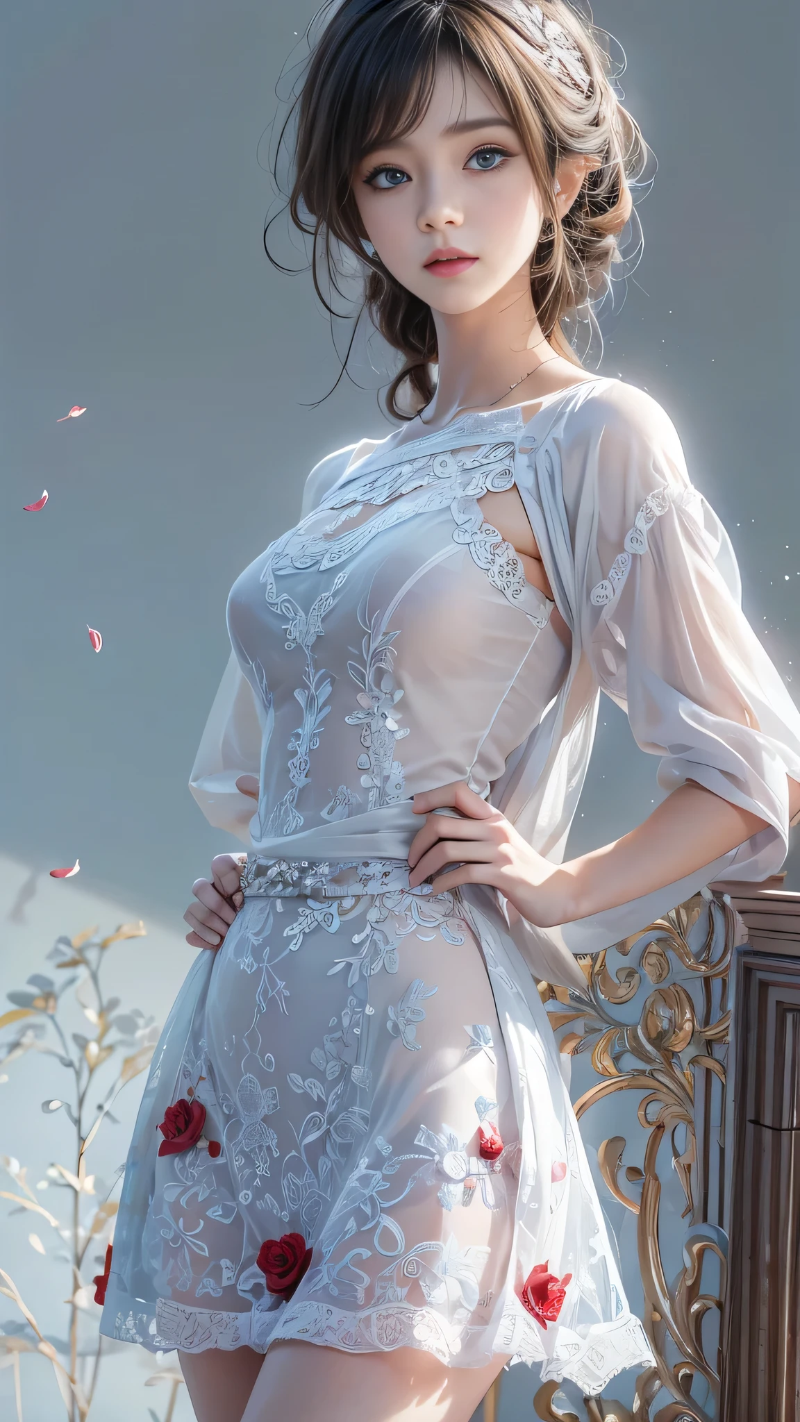 (Girl in a semi-transparent one-shoulder white miniskirt dress), (フォトRealistic:1.4), (ハイパーRealistic:1.4), (Realistic:1.3), (Smooth lighting:1.05), (Cinematic Lighting Quality Improvements:0.9),. 32K, 1 Girl,20 year old girl, Realistic lighting, Backlight, Face light, Ray tracing, (Brightening light:1. 2), (Image quality improvement:1.4), (Highest quality realistic textured skin:1. 4),(Big Blue Eyes), Detailed drawn eyes、Detailed painted face、Fine textured eyes、(tired、sleepy、satisfaction:0.0)、A shirt that shows off a lot of cleavage、(Accentuates the body line:1.1)、(Beautiful textured skin:1.1)、(Red petals are flying)、（Black lace panties are visible)、Slim long legs、