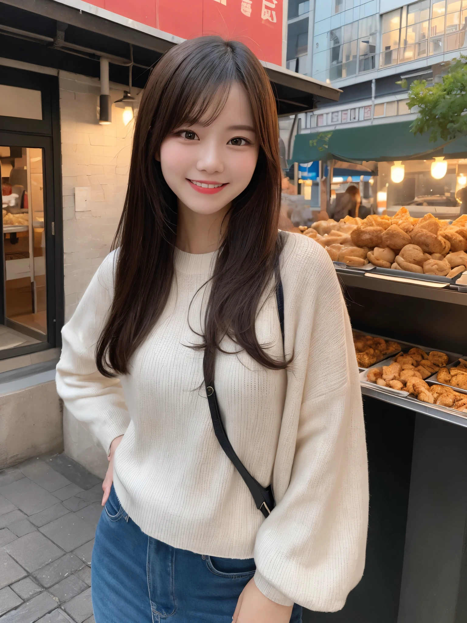 1girl, solo, highres, best_quality, masterpiece, detailed_background, intricate_details, beautiful, street_food, temple, casual_clothes, cityscape, smile, looking_at_viewer, dynamic_pose, natural_pose, candid, happy