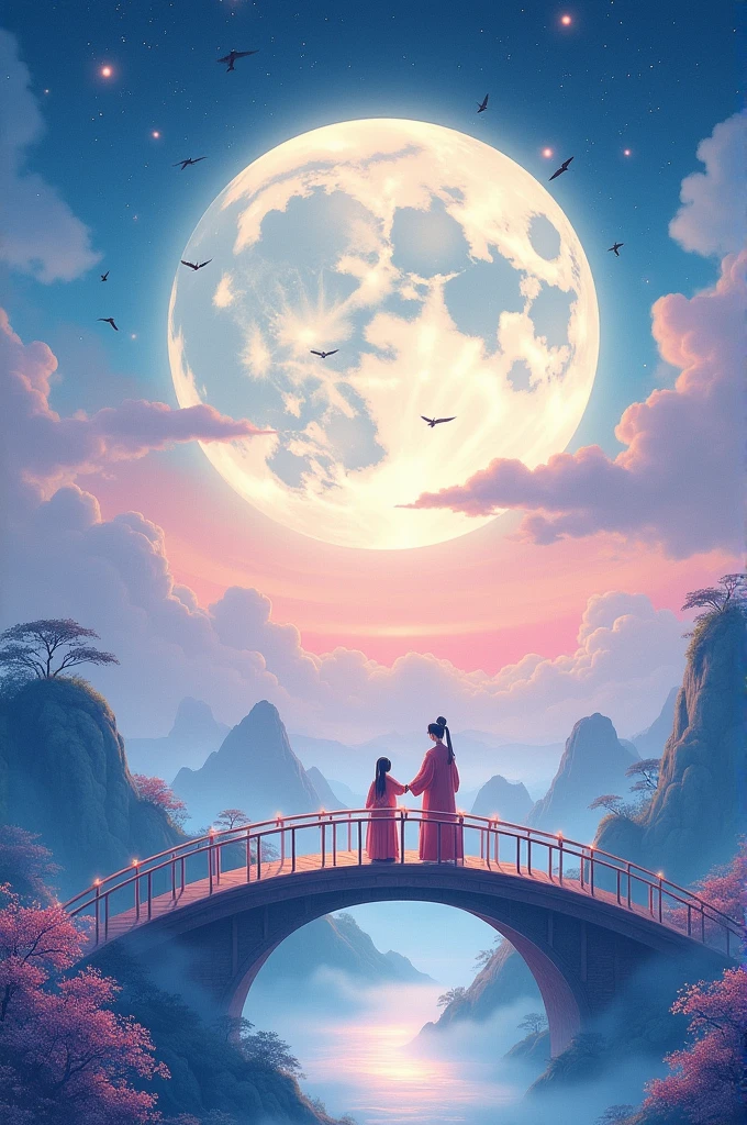 1 Chinese Valentine's Day poster design pattern, light tones, blue and purple, dream scene, warm color,The arch bridge of clouds,:: Weaver Girl and Cowherd Meet on the bridge,huge moon, fireworks, starry sky, magpiestriangular composition, rich details, top view, longshot,Chinese traditional painting,jade,lanscape,auspicious,light backgroud,best quality, pastel,soft light,4K, Plants
