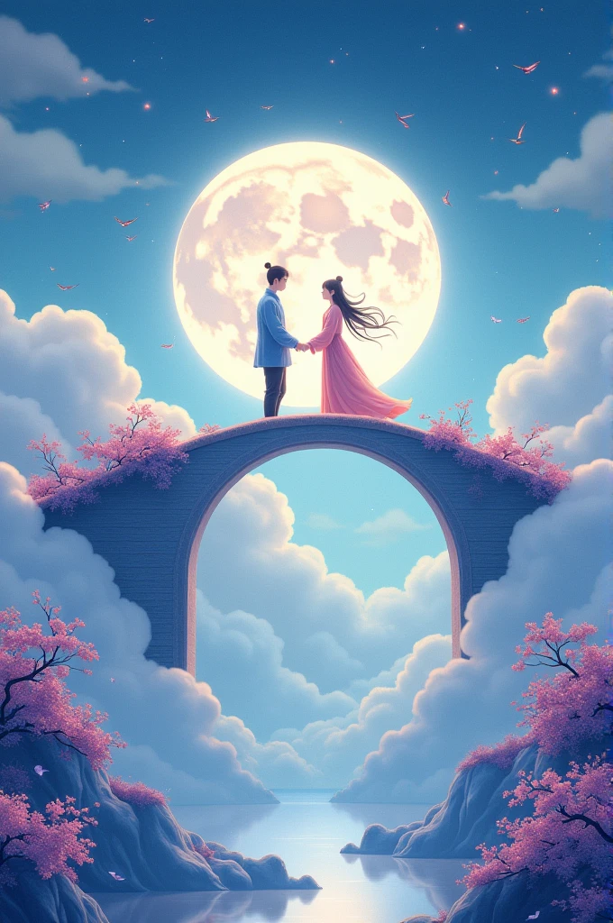 1 Chinese Valentine's Day poster design pattern, light tones, blue and purple, dream scene, warm color,The arch bridge of clouds,:: Weaver Girl and Cowherd Meet on the bridge,huge moon, fireworks, starry sky, magpiestriangular composition, rich details, top view, longshot,Chinese traditional painting,jade,lanscape,auspicious,light backgroud,best quality, pastel,soft light,4K, Plants