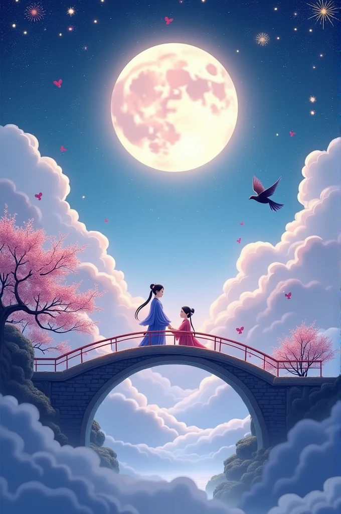 1 Chinese Valentine's Day poster design pattern, light tones, blue and purple, dream scene, warm color,The arch bridge of clouds,:: Weaver Girl and Cowherd Meet on the bridge,huge moon, fireworks, starry sky, magpiestriangular composition, rich details, top view, longshot,Chinese traditional painting,jade,lanscape,auspicious,light backgroud,best quality, pastel,soft light,4K, Plants