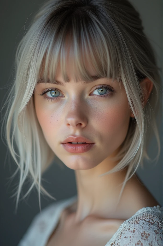 RAW photo, best quality, masterpiece, photorealistic, 18 years old, Kristina Pimenova, solo, detail face, detail eyes, detailed skin, light gray eyes, light gray hair, short straight bob cut, Symmetrical eyes, looking at viewer,
