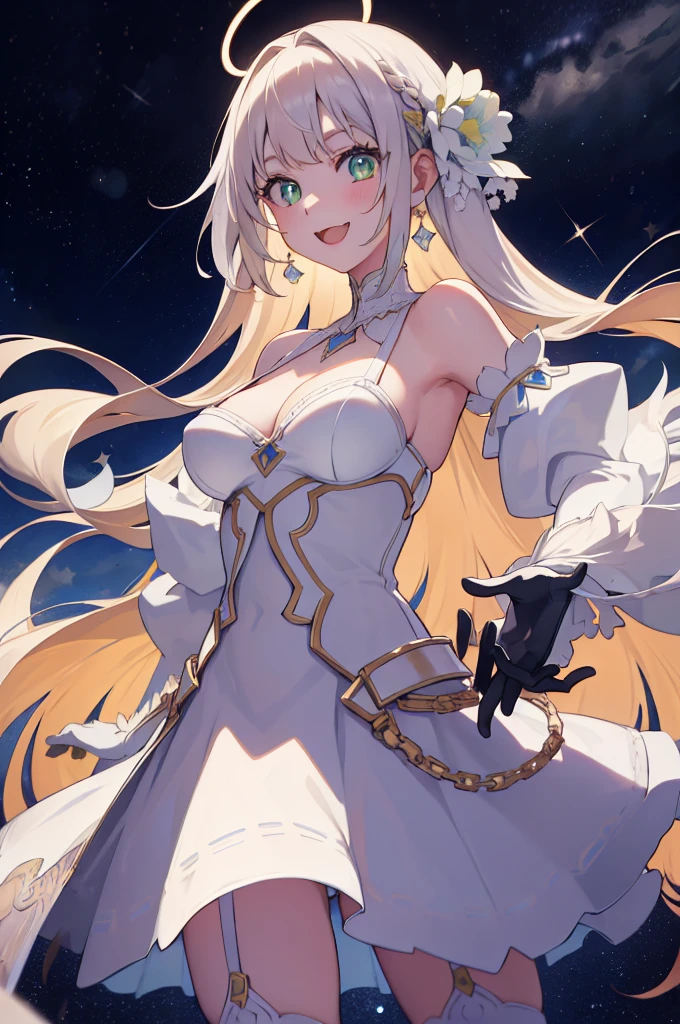 1girl, solo, long hair, , looking at viewer, smile, open mouth, bangs ,detailed eyes, beautiful background, (night s stars), hands on the chest, thighhighs, gloves, dress, cleavage, ulders, very long hair, standing, full body, white gloves, white dress, armor, white thighhighs, pelvic certain, garter straps, fantasy, white armor, abec, masterpiece, best quality, long hair, white hair green color inner, green eyes color, anime, very_long_hair, perfect body, huge breasts, ultra-dethigh quality, 1girl, 4k ,perfect hands, full body, great details, beautiful anime illustrations, 26 years old, correct anatomy, perfect hand, Ideal body proportions, Good realistic skin, look at the audience, Dynamic angleFocus Target, Many poses, charming, Smile sexy too, The picture in middle, halo