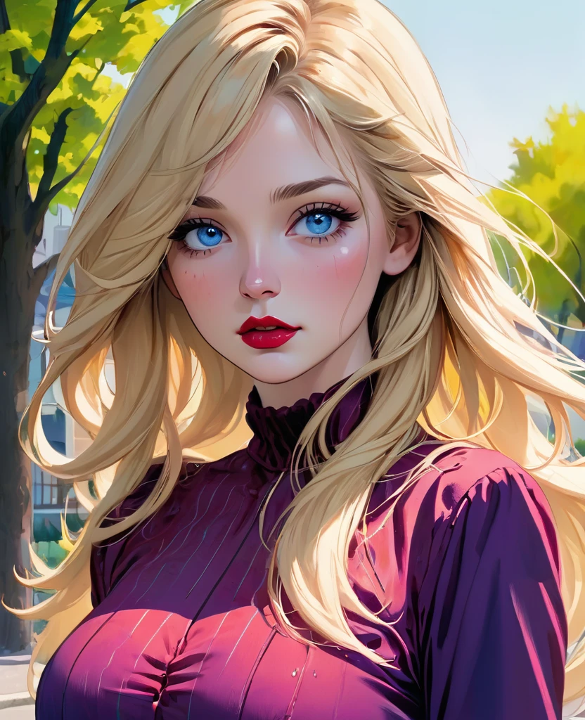 Masterpiece, best quality, high resolution,setting of a nice neighborhood street with trees,Lady around 40 years old, long straight wavy blonde hair, white skin, freckles, sharp features, blue eyes, pretty, slightly long upturned nose,red lipstick,bruise on her left cheek, Injured eye with purple surroundings, red scar on cheek,,gently sad expression, thicc voluptuous body, hourglass figure, very big breasts,red long-sleeved blouse, high neckline,Looking ahead,Pov closeup, very close, only face and chest visible,