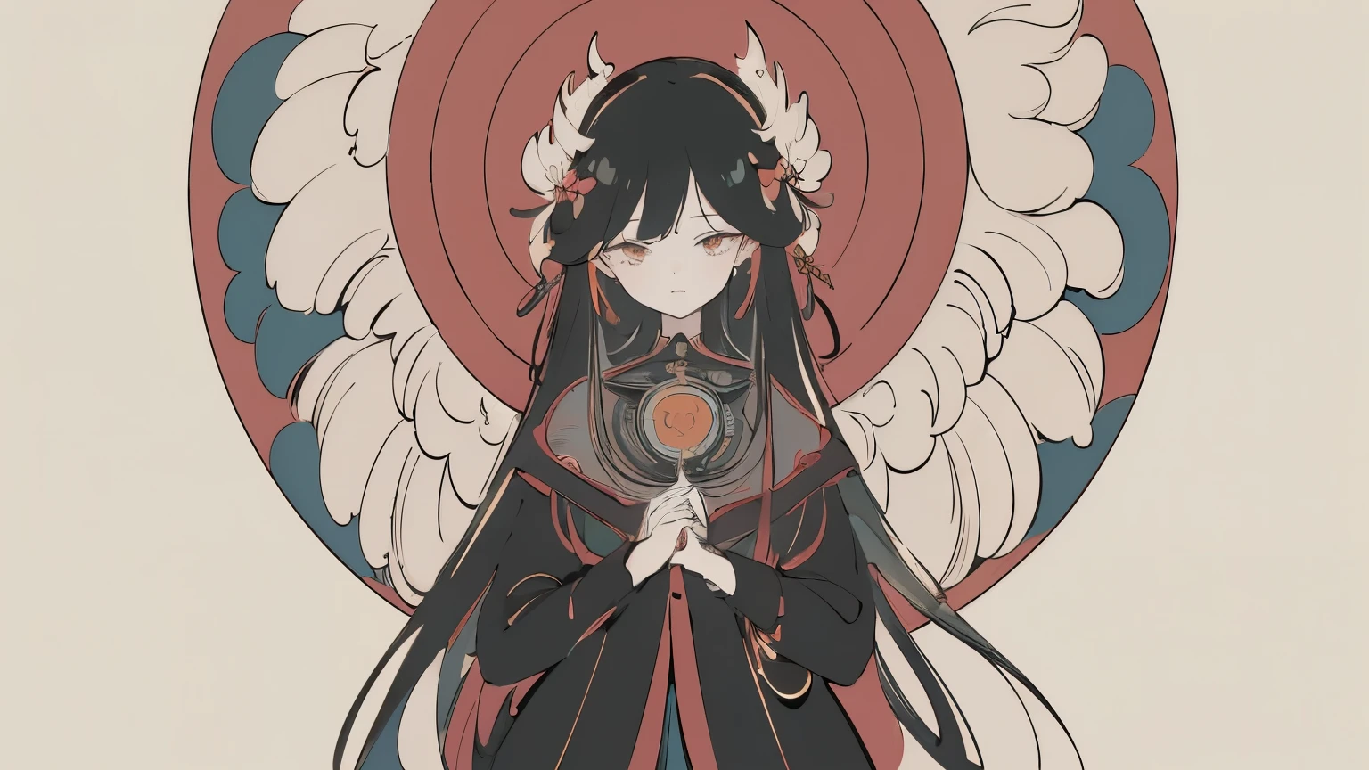 (Designed by nty:1.4),Upper body portrait of a girl,Black bright color, colourful, Yoshitaka Amano character setting,solo,Angelic, Symmetrical Beauty, Angel Wings, Gorgeous long skirt, stand up, (((solo))), Color matching,Clear facial features, Clean lines design, Magic Elements, future technology, ((tarot card background)), Standing figure, ((Flat color)), (masterpiece,Top quality,Best quality,Ultra-high resolution), ((Exquisite facial features,Clear facial features,beautiful eyes,Beautiful face)) ,(32k wallpaper),