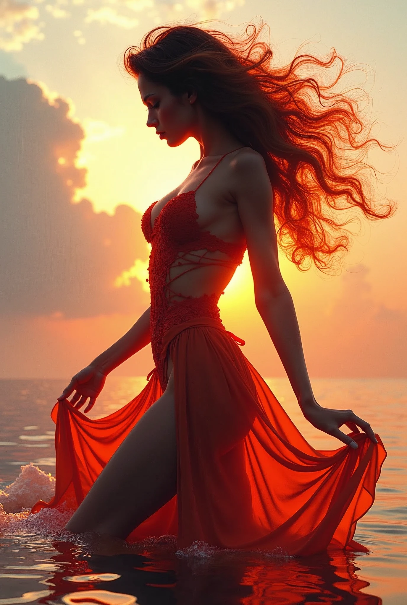 alberto seveso art, dancing silhouette of a sexy woman , water ink, ink water, ink cloud, 3D Digital Painting, Raster Painting, intricate detail, god rays, curvy, cinematic lighting, octane render, 8k render, volumetric lighting, complementary colors, flame fire, synthwave, hyper realistic, photo realistic