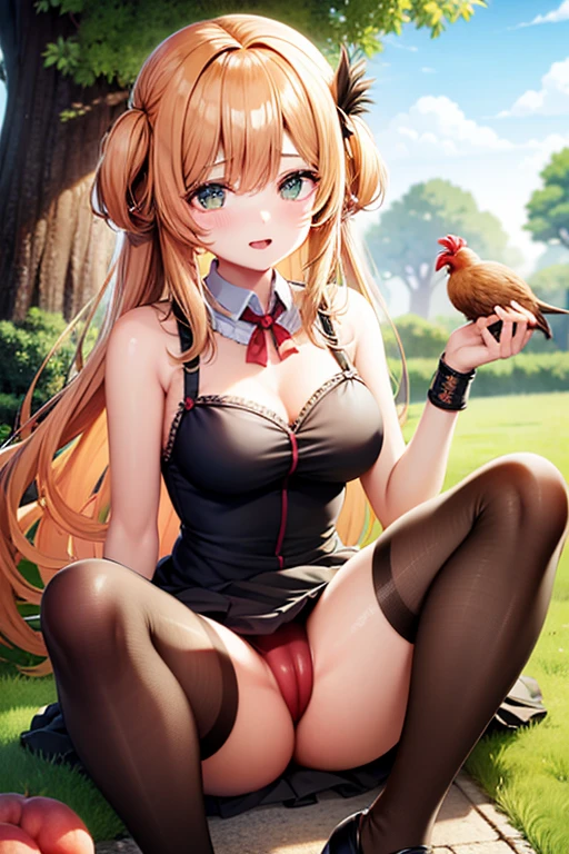 Female character, peach hair, green eyes, small breasts, farmer's clothing, with a rooster sucking on her breasts, NSFW