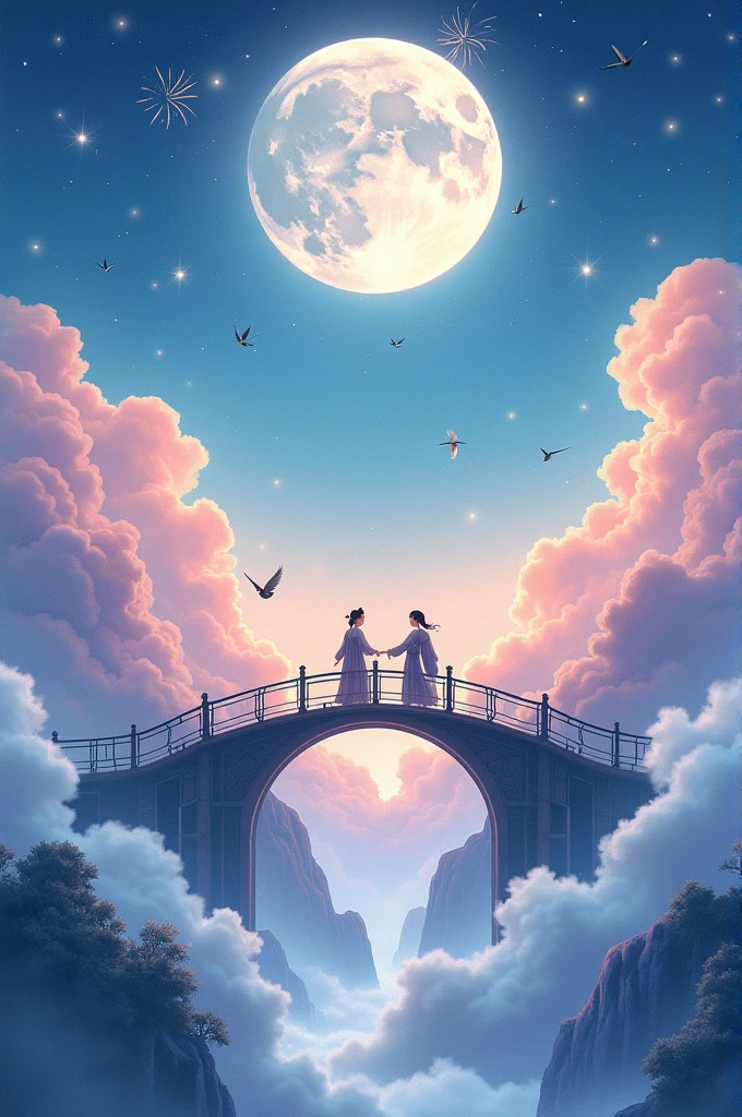 1 Chinese Valentine's Day poster design pattern, light tones, blue and purple, dream scene, warm color,The arch bridge of clouds,:: Weaver Girl and Cowherd Meet on the bridge,huge moon, fireworks, starry sky, magpiestriangular composition, rich details, top view, longshot,Chinese traditional painting,jade,lanscape,auspicious,light backgroud,best quality, pastel,soft light,4K, Plants