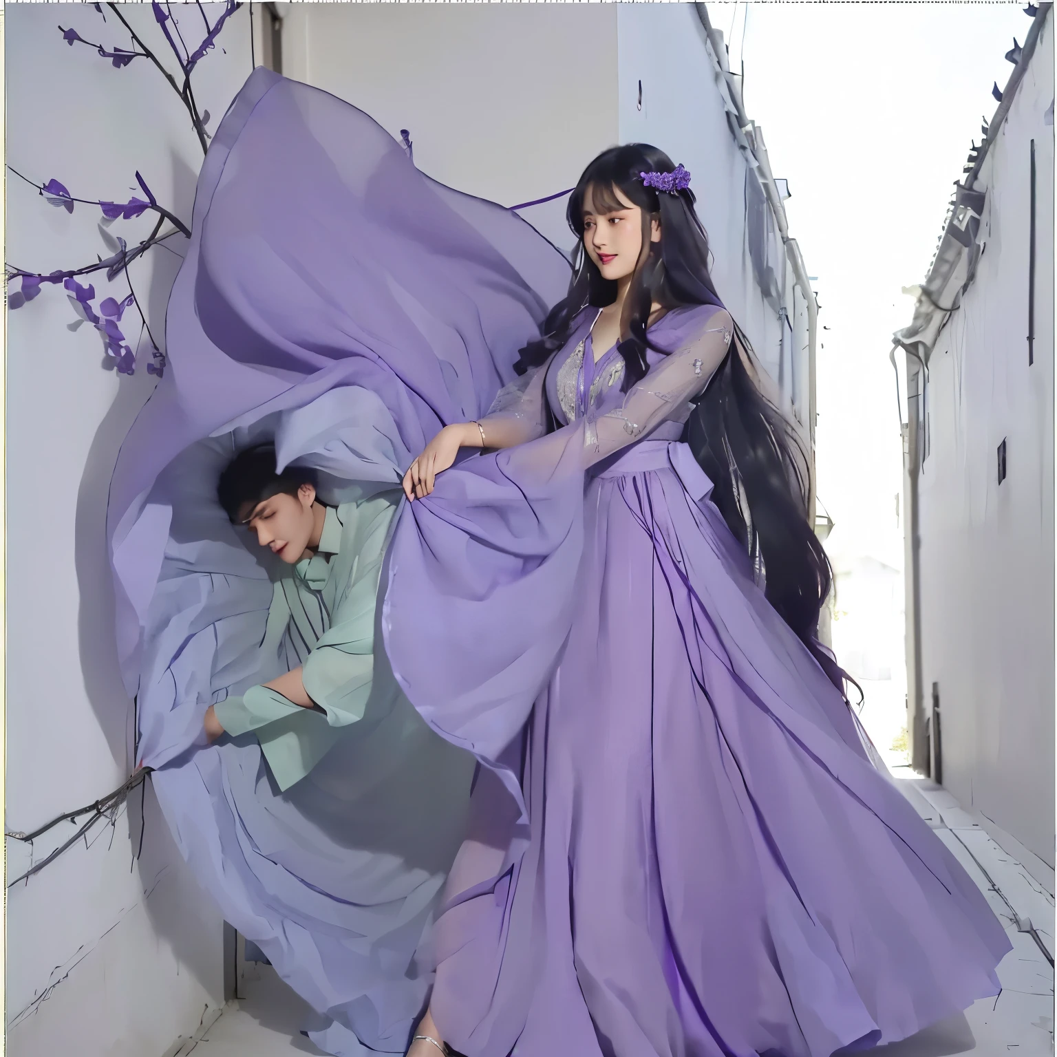 Woman in purple dress, Wearing a skirt with long hair, Wear a purple dress, Flowing hair and a long skirt, Wearing a loose dress, The forested street behind her, A boy caught in a spreading skirt、Boy in a skirt、Boy being wrapped up、Skirt predation、Sheer skirt、Inside the skirt
