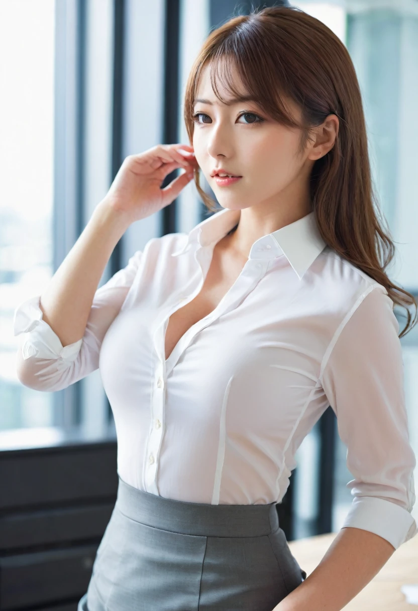 (ung girl), gentle face, (round eyes:1.2), (highly detailed face), smile, Amazing face and eyes, (flat chest), (Best Quality:1.4), (Ultra-detailed), (extremely detailed CG unified 8k wallpaper), Highly detailed, High-definition raw color photos, Professional Photography, Realistic portrait, Amazing face and eyes, Pink eyes, indoors, office, (office lady, Tight Skirt:1.3), (A moment of relaxation), model, depth of fields, (fine face:1.2),