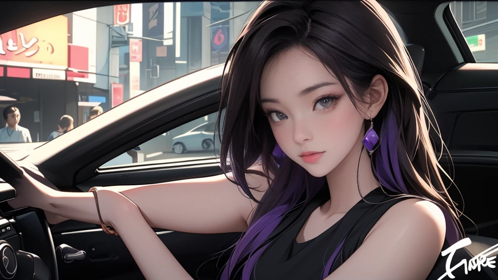 {{night}}, A woman on the left side of the composition, {{carの前で座る女}}、{nightの埠頭}, {{{nightのネオン}}}, super detailed skin, masterpiece:1.4, 8K resolution, ultra HD, symmetric eyes, Brown Hair、car、Beautiful Asian girl with purple hair, Perfect Face, sunglasses, Sleeveless, Neon Black, (Backlight: 1.1), Hard Shadows, masterpiece, Highest quality, Complex, Model shooting style, Vintage, Film Grain, 超精巧なcar, (better hands):1.7, emo, flat breast, 1woman,