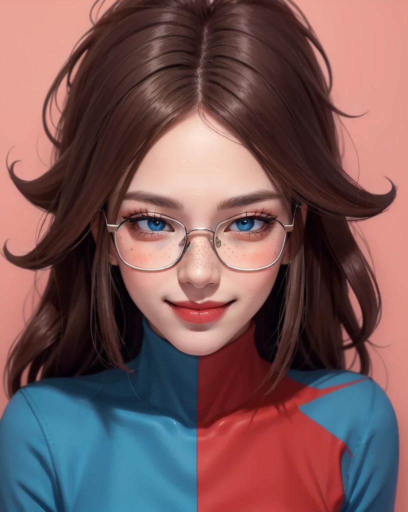 1 girl, android 21, dragon ball fighter Z, masterpiece, 4k, realistic, long whavy brown hair, shining blue eyes, red eyeliners, freckles, square glasses, labcoat, chess patterned dress, blue and red patterned dress, very confident, big smug smile, closed mouth, leaning to viewer, portrait, big blush, blurry background, bright colors, close up, face focus.