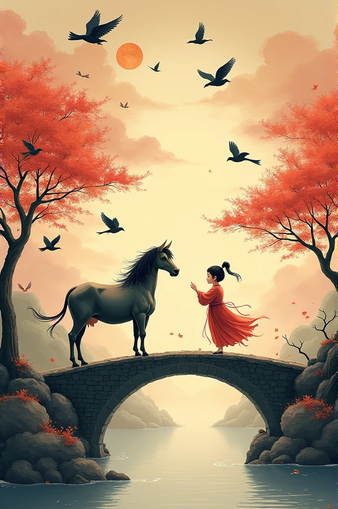 Qixi atmosphere, Chinese mythology, ink painting style, color, Cowherd and Weaver Girl meet on the magpie bridge, surrounded by magpies, auspicious clouds, warm high-definition picture quality