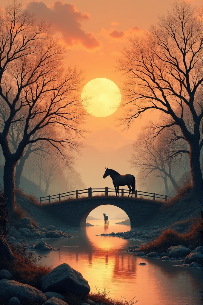 masterpiece, high quality, high resolution,8K, Chinese painting ,, Withered vines, age ((Trees)), dusk ((crow)) Freedom Cry,, ((A small bridge)), flowing water, (((Humble residence))), (a horse:1.6),, A cold wind blows from the west ((An ancient road)),, Sunset, I am heartbroken,,