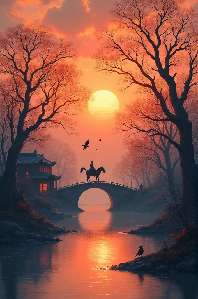 masterpiece, high quality, high resolution,8K, Chinese painting ,, Withered vines, age ((Trees)), dusk ((crow)) Freedom Cry,, ((A small bridge)), flowing water, (((Humble residence))), (a horse:1.6),, A cold wind blows from the west ((An ancient road)),, Sunset, I am heartbroken,,