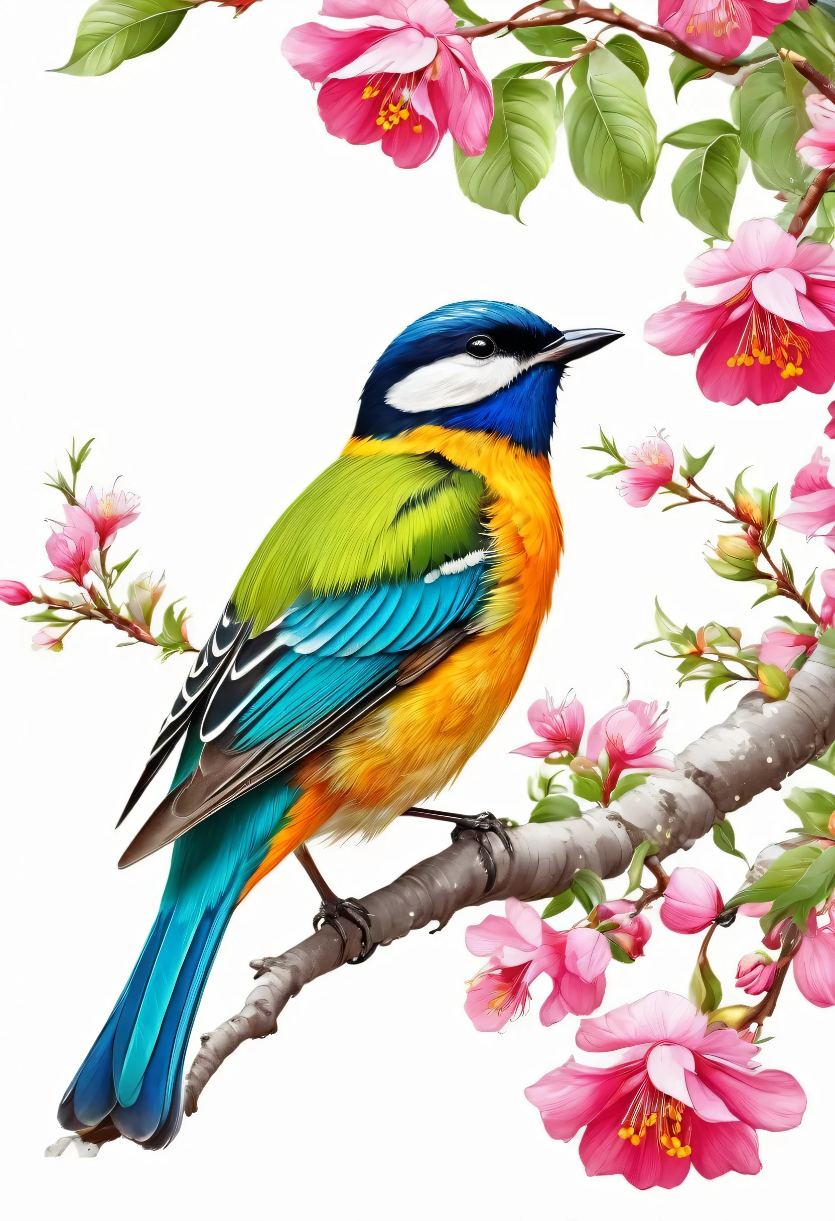Flower Border, brightly colored bird sitting on branch of tree with flowers, digital painting highly detailed, on white background