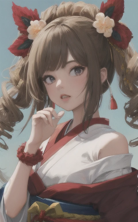 (best quality, masterpiece, perfect face, highest detailed face) Persona4RiseKujikawa, brown hair, twin drill tails, sarashi , japanese clothes , off shoulder, nice hands, perfect hands, ultra best quality,highres,8k,vivid colorful,masterpiece:1.2,depth of field,sharpfocus, (high contrast, official art, extreme detailed, highest detailed)