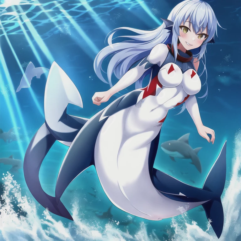 1girl, shark girl, mershark, mermaid, fins, full body, smile,, masterpiece, best quality, masterpiece,