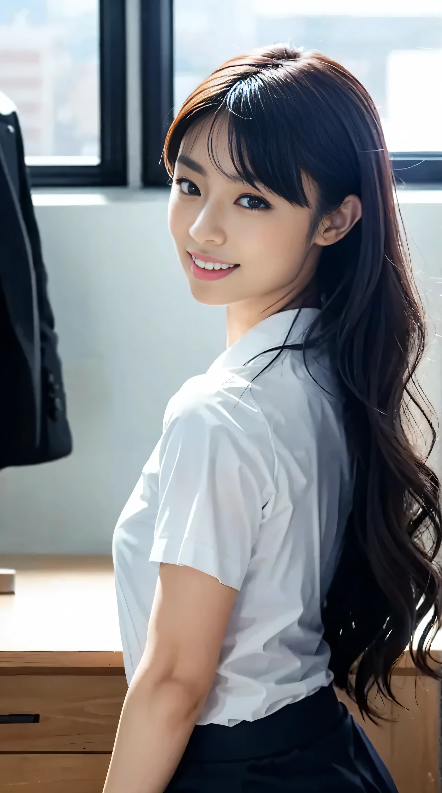 The face of a hostess、The clothing is a high-quality navy blue business suit、Surreal、healthy、Smiling face、Slim and perfect figure、Japanese Beauty、Beautiful Eyes、Perfect Face、Beautiful Skin、From the side、Background is an office on a high floor、By the window