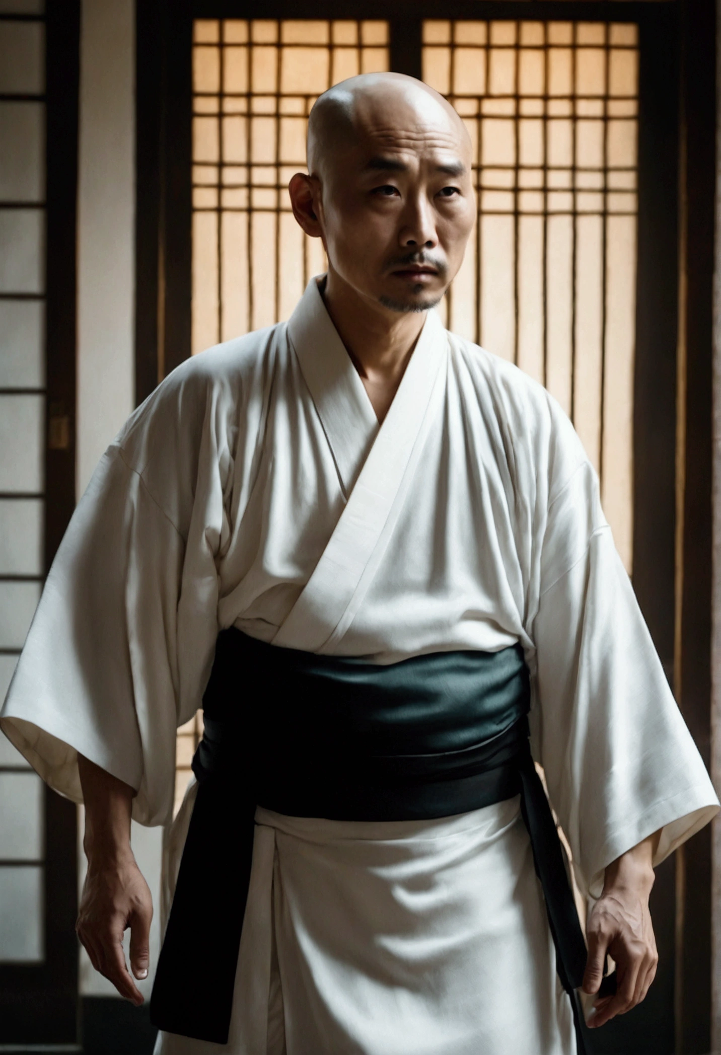 cinematic still, master, chinese, bald, white kimono, 30 years old, staff, striking, masterpiece, detailed face, 35mm