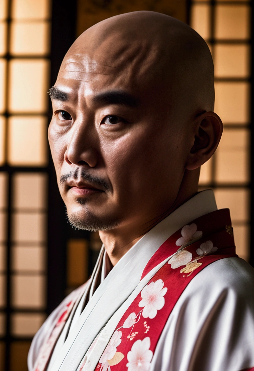 cinematic still, master, chinese, bald, white kimono, 30 years old, staff, striking, masterpiece, detailed face, 35mm