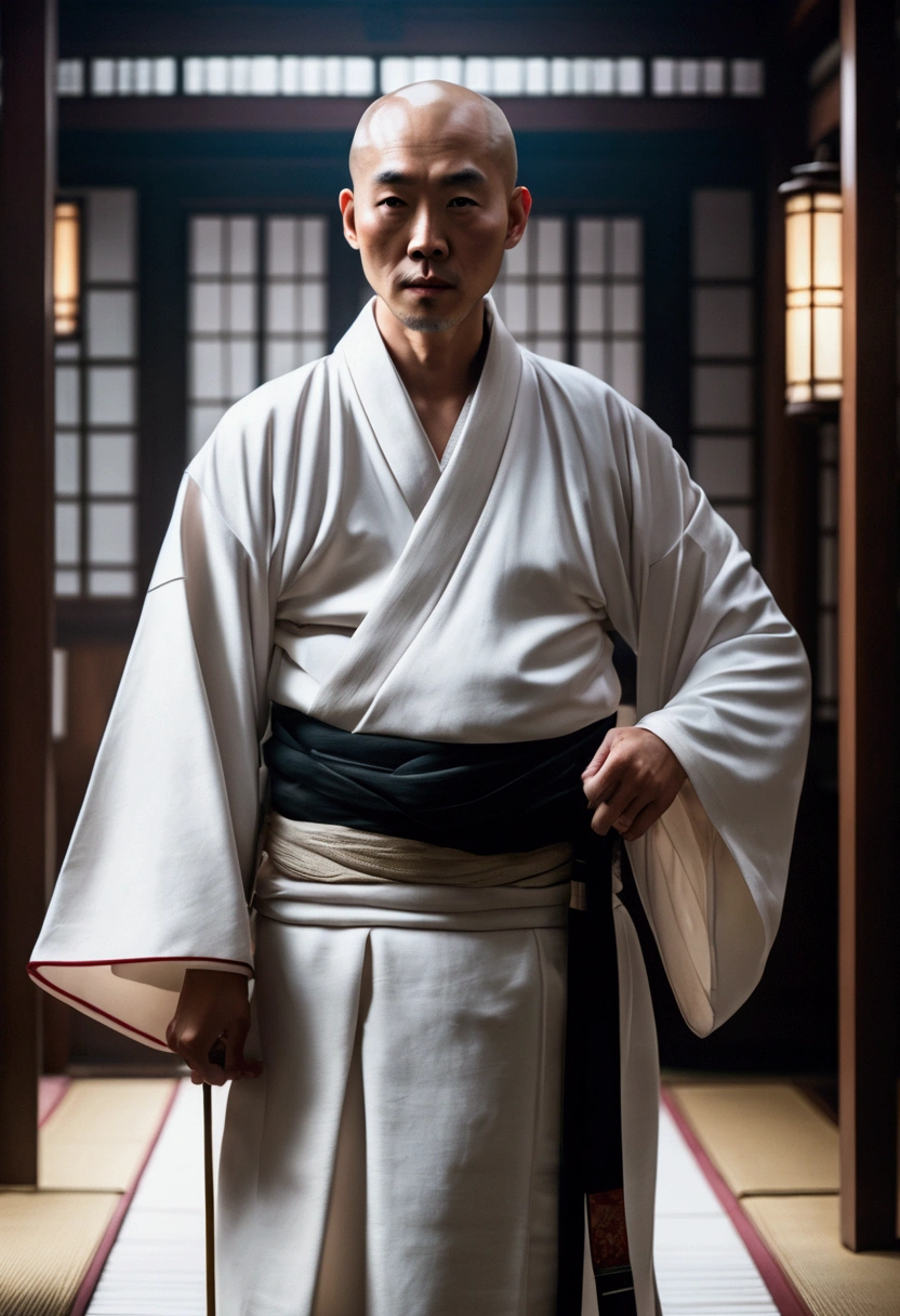cinematic still, master, chinese, bald, white kimono, 30 years old, staff, striking, masterpiece, detailed face, 35mm