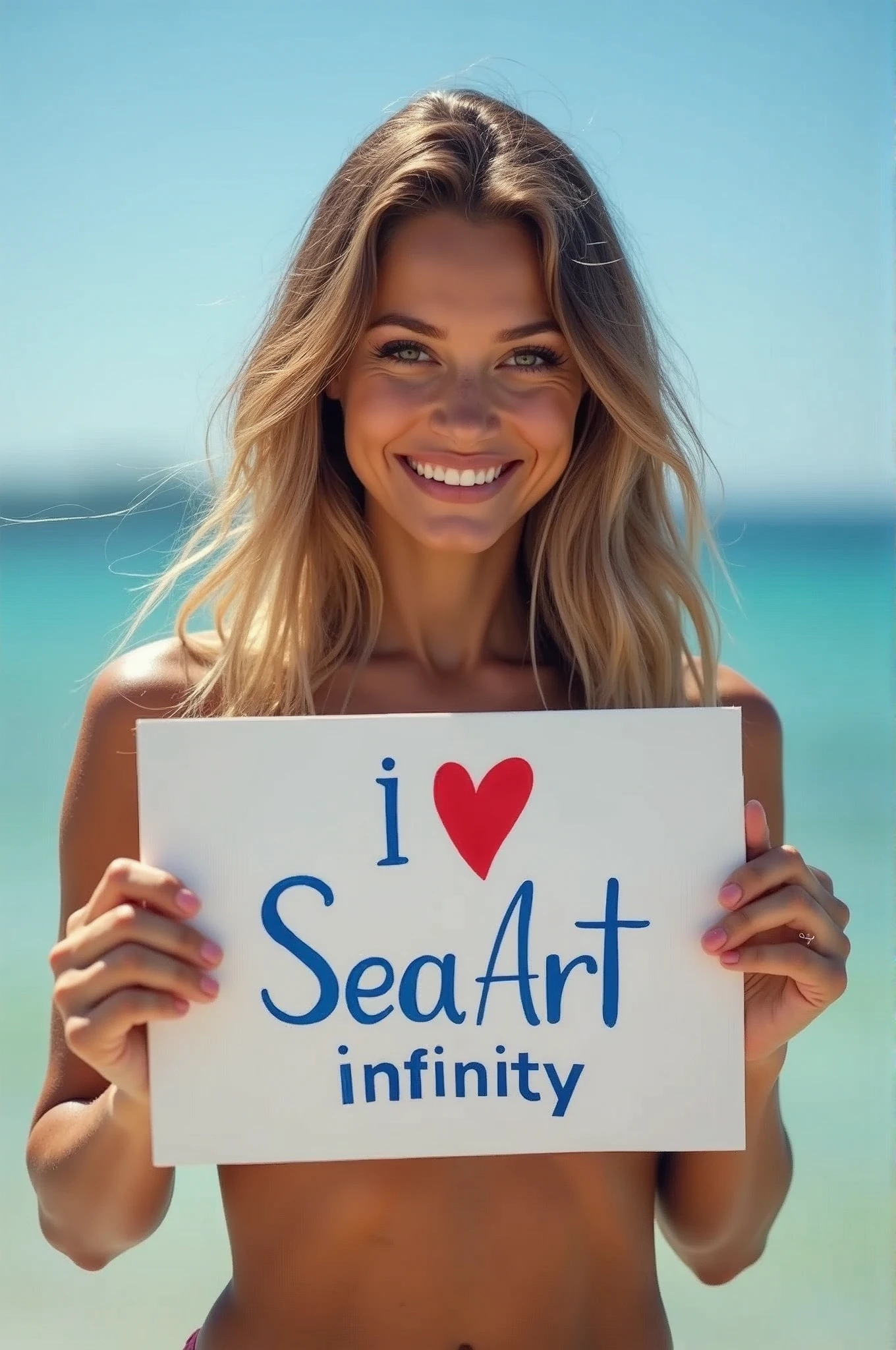a beautiful and cute woman holding up a sign "i love SeaArt infinity"