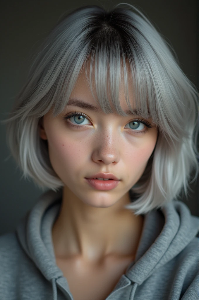 RAW photo, best quality, masterpiece, photorealistic, 18 years old, Beautiful Eastern European woman, solo, detail face, detail eyes, detailed skin, light gray eyes, light gray hair, short straight bob cut, Symmetrical eyes, looking at viewer,