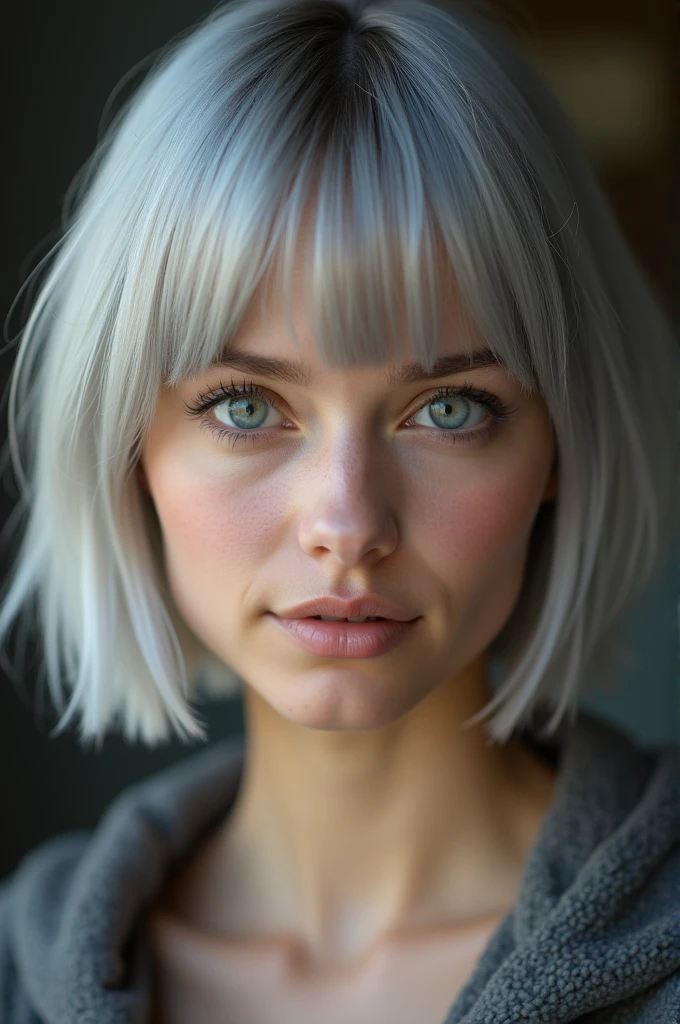 RAW photo, best quality, masterpiece, photorealistic, 18 years old, Beautiful Eastern European woman,  solo, detail face, detail eyes, detailed skin, light gray eyes, light gray hair, short straight bob cut, Symmetrical eyes, looking at viewer, 