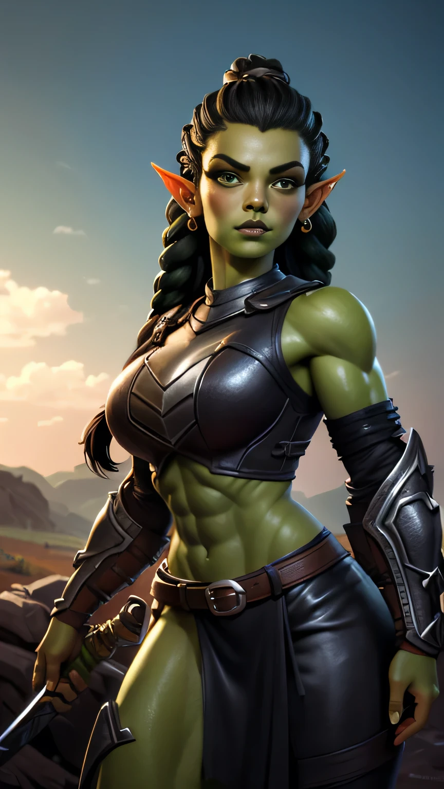 photo of beautiful Orc, RAW, beautiful woman, (portrait), (detailed Kawaii facial features:1.2), (detailed feature, detailed green skin, glossy lips, luscious dark green lips, clear green skin), (Long braided hair), (perfect proportioned body, Strong, muscular, narrow waist, narrow hips, skinny, large breasts), (she wears cropped leather armor), (dark battlefield background, swords stuck in the ground), (realistic photo, best quality, detailed), (8k wallpaper), (cinematic lighting, beautiful light, (day:1.3)) (sharp focus, intricate)