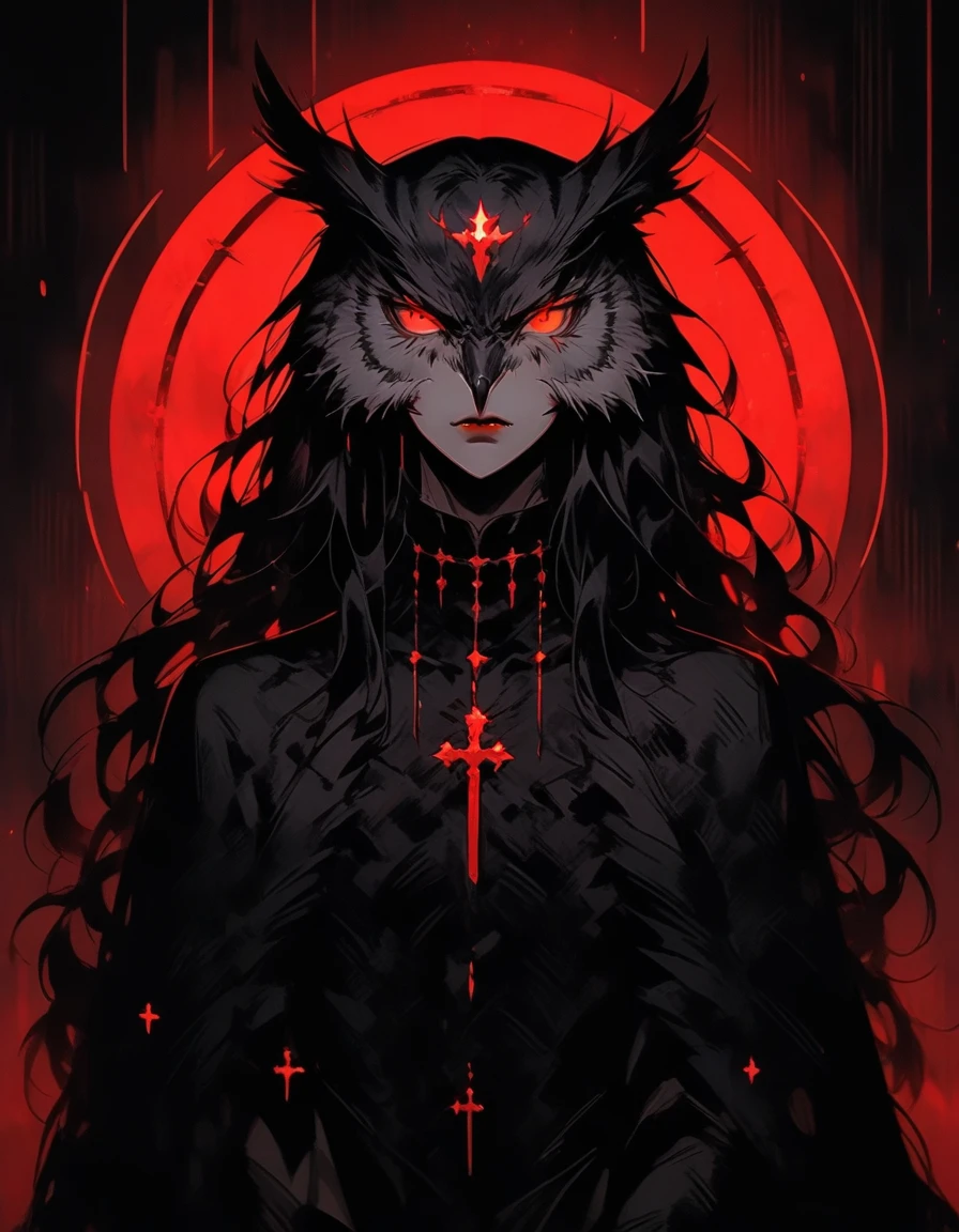 Create a manhwa-style illustration of a man-owl hybrid character. The character must have a majestic appearance, with an erect and imposing posture. Your eyes must be as black as night and piercing, and your feathers should have a subtle shine, reflecting an aura of mystery and power. The character must have owl characteristics, but still maintain the form and presence of a human. Your face must be human, but from the middle of your eyebrows to your hair you must have owl fur, adding a unique and elegant touch. It must be beautiful and delicate, with refined features and an air of enigma. The background should be atmospheric and suggest a nocturnal or mystical environment. Must be manhwa art style.