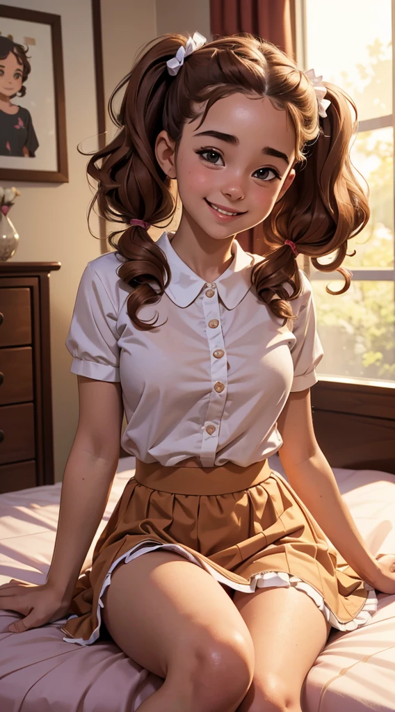 (masterpiece, best quality),1girl smiling with Hazel curly hair twin tails sitting in a bed of her bedroom in front of her bedroom, blurry foreground, soft skirt with ruffles, cute shirt, 18 yo, small breasts, very young, like riley reid character