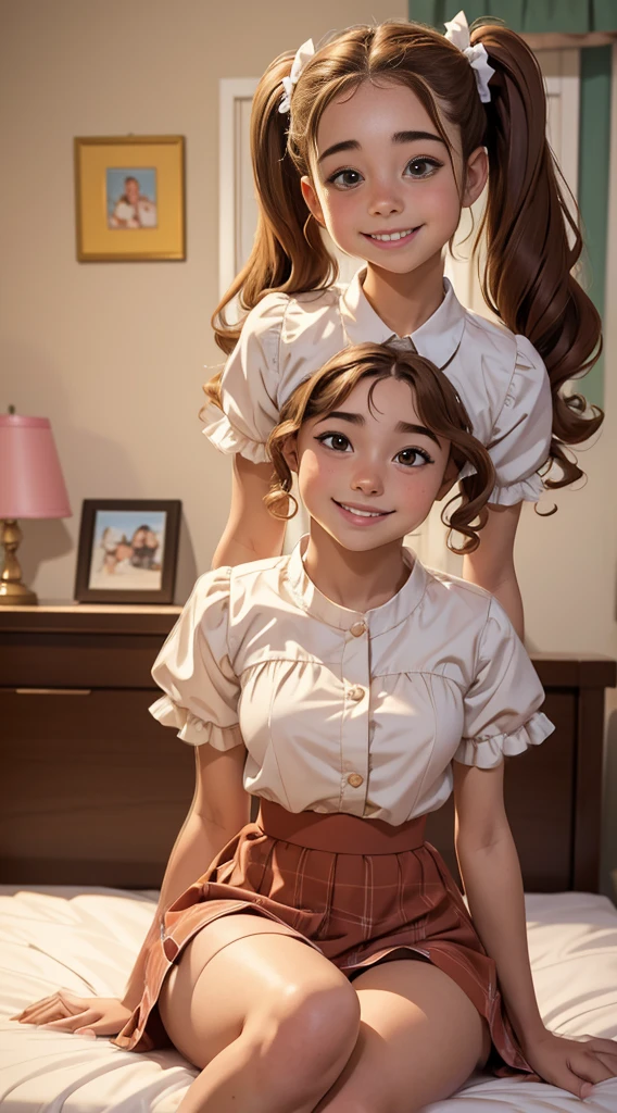 (masterpiece, best quality),1girl smiling with Hazel curly hair twin tails sitting in a bed of her bedroom in front of her bedroom, blurry foreground, soft skirt with ruffles, cute shirt, 18 yo, small breasts, very young, like riley reid character