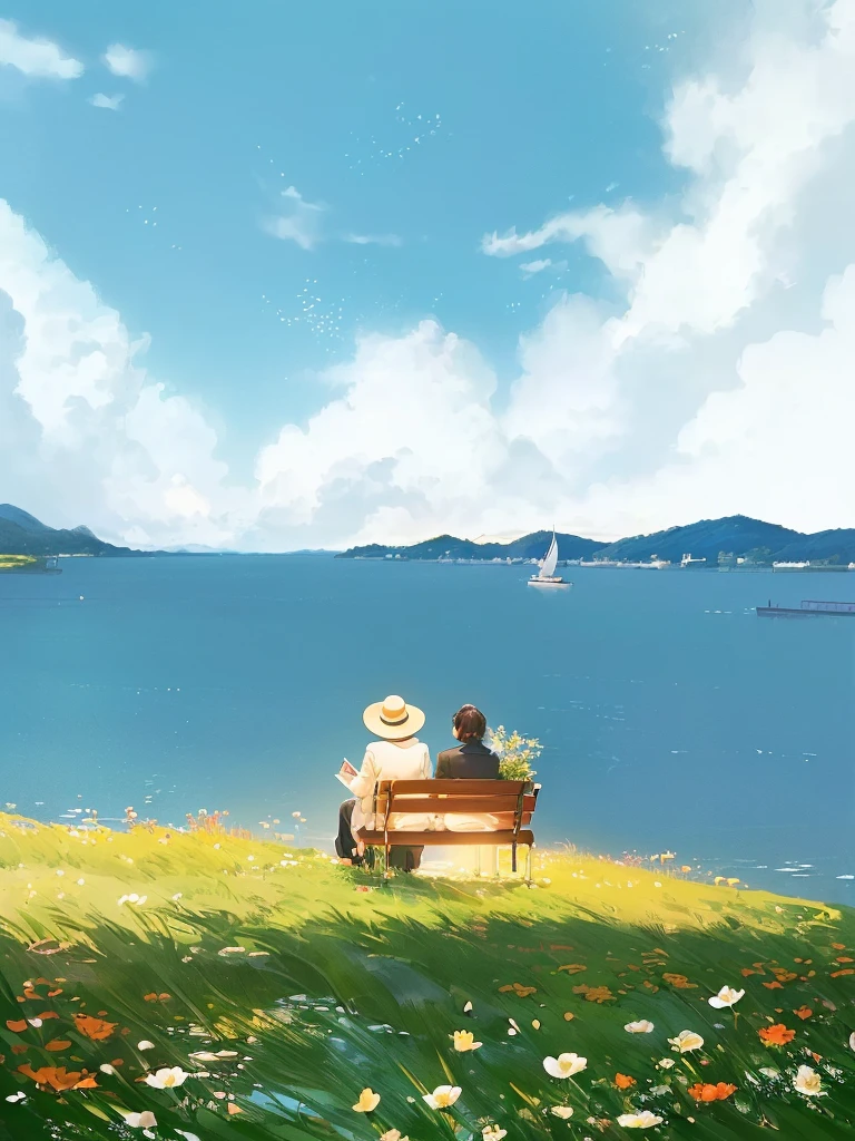 A man and a woman sit on a bench by the water, a beautiful artwork illustration, Gaze at the water, serene illustration, Detailed scenery —width 672, author Choi Buk, author:Yi Yinwen, blurry and dreamy illustration, Landscape Artwork, blurred and dreamy illustration, author:Golden Farmer, author:Yang J, dreamy illustration, Sunbathing. illustration