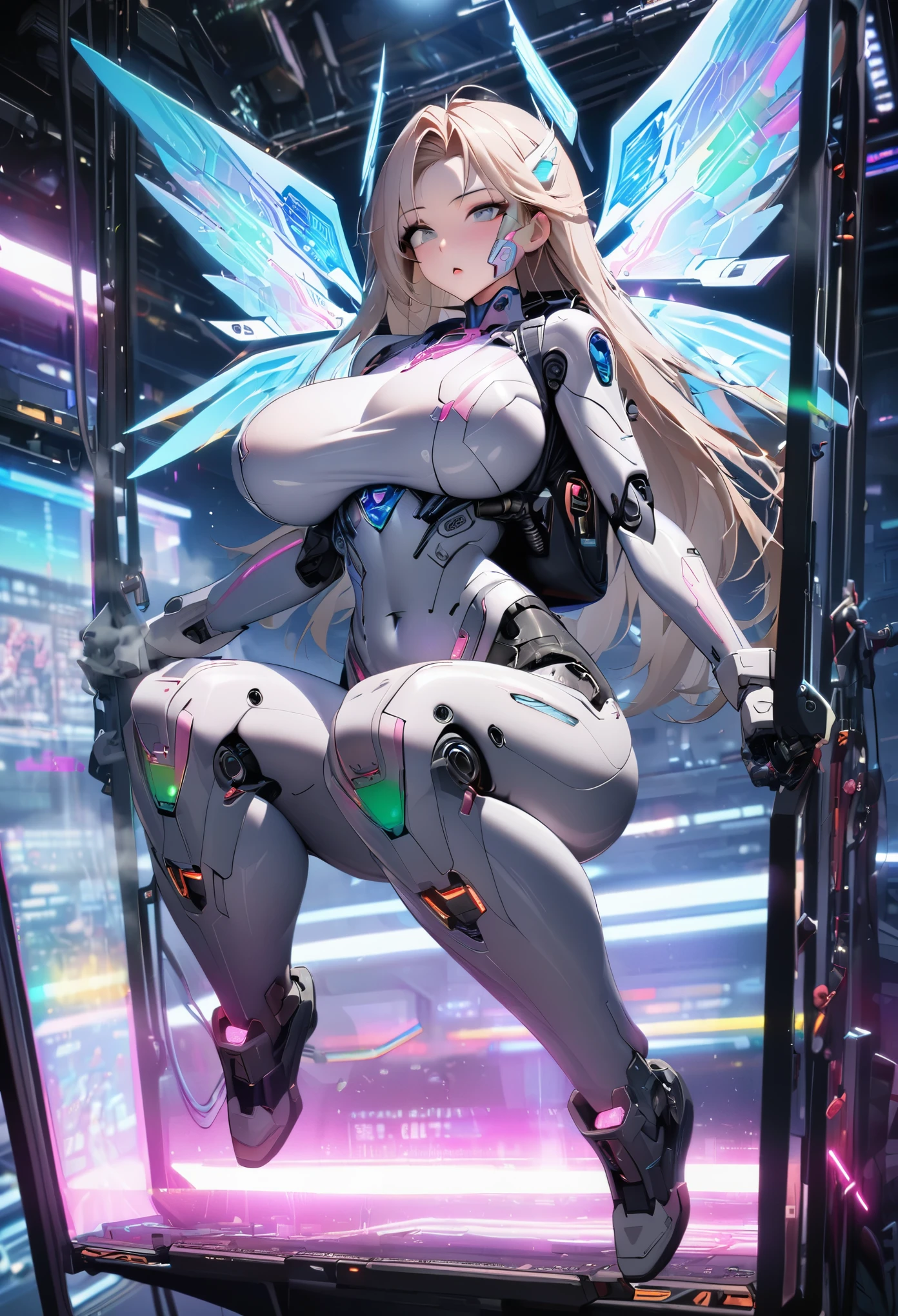 (8k, best quality, masterpiece:1.2),\(Eye details\),\(Facial features details\),(\(Clothes details details\)\),(1 girl:1.3),独奏,full body,silicon dioxide,milf,Light hair,Long hair,Gray Eyes,cyber punk,(Bionic Man:1.4),(cyber angel),(LCD screen,Blue signal light)Luminous parts,Mechanical Parts,screw,(steam),(Light Wing Flight Backpack,Rainbow light flight effects),large breasts,huge breasts,Slim waist,Suspension,anti-gravity,[Refer to Iron Man&#39;s mecha],Mecha Valkyrie,Random Action