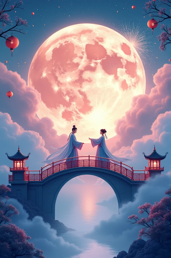Chinese New Year poster design,Light tones,blue and violet,Dreamy scene,warm color,Cloud arch bridge,Weaver Girl and Cowherd meet on the bridge,Huge Moon,fireworks,Starry Sky,Bizarre composition,Rich details,Top view,Telephoto,Chinese traditions,jade,landscape,auspicious,Light background,best quality,Pastel,Soft Light,4K,plant