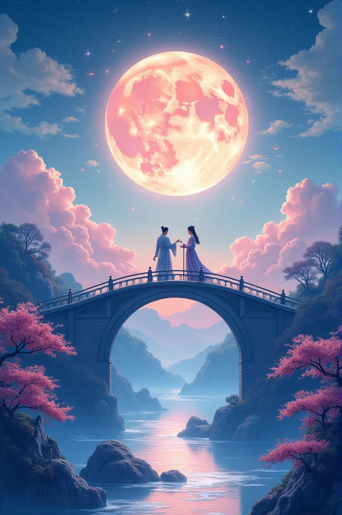 Chinese New Year poster design,Light tones,blue and violet,Dreamy scene,warm color,Cloud arch bridge,Weaver Girl and Cowherd meet on the bridge,Huge Moon,fireworks,Starry Sky,Bizarre composition,Rich details,Top view,Telephoto,Chinese traditions,jade,landscape,auspicious,Light background,best quality,Pastel,Soft Light,4K,plant