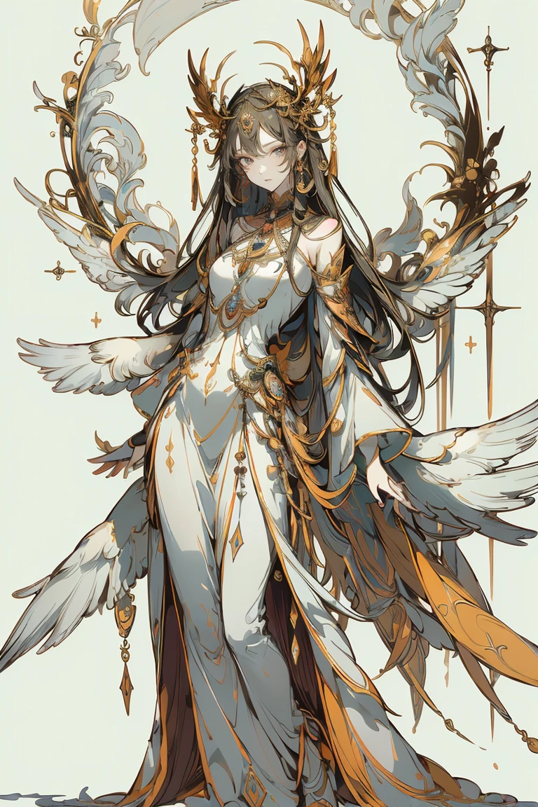 (Designed by nty:1.4),Full body portrait of 1 girl, Yoshitaka Amano character design,solo,Angelic, symmetric beauty, the angel's wings, Gorgeous long dress, Stood up, (((solo))), Colorful collocation,Clear facial features, Clean line design, Magical elements, future-tech, ((tarot card background)), Standing figure of the figure, ((flatcolors)), (tmasterpiece,top-quality,Best quality at best,Ultra-high resolution), ((exquisite facial features,Clear facial features,beautidful eyes,beauitful face))