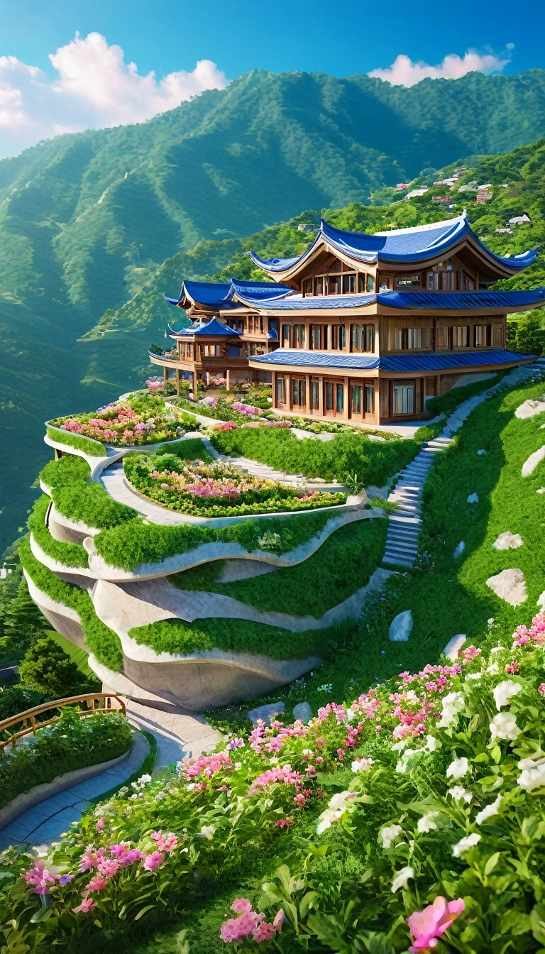 (masterpiece),best quality,8K,zsyixing,building,SDS_Particle_Flow,a villa on a high mountain cliff,shell element,crazy curve,(the verdant mountains:1.1),(fresh flower:1.1),blue sky,white cloud,the sun is shining brightly,Wooden buildings, square structures, truss structures,Pink flowers, beautiful flower fields spreading all over,