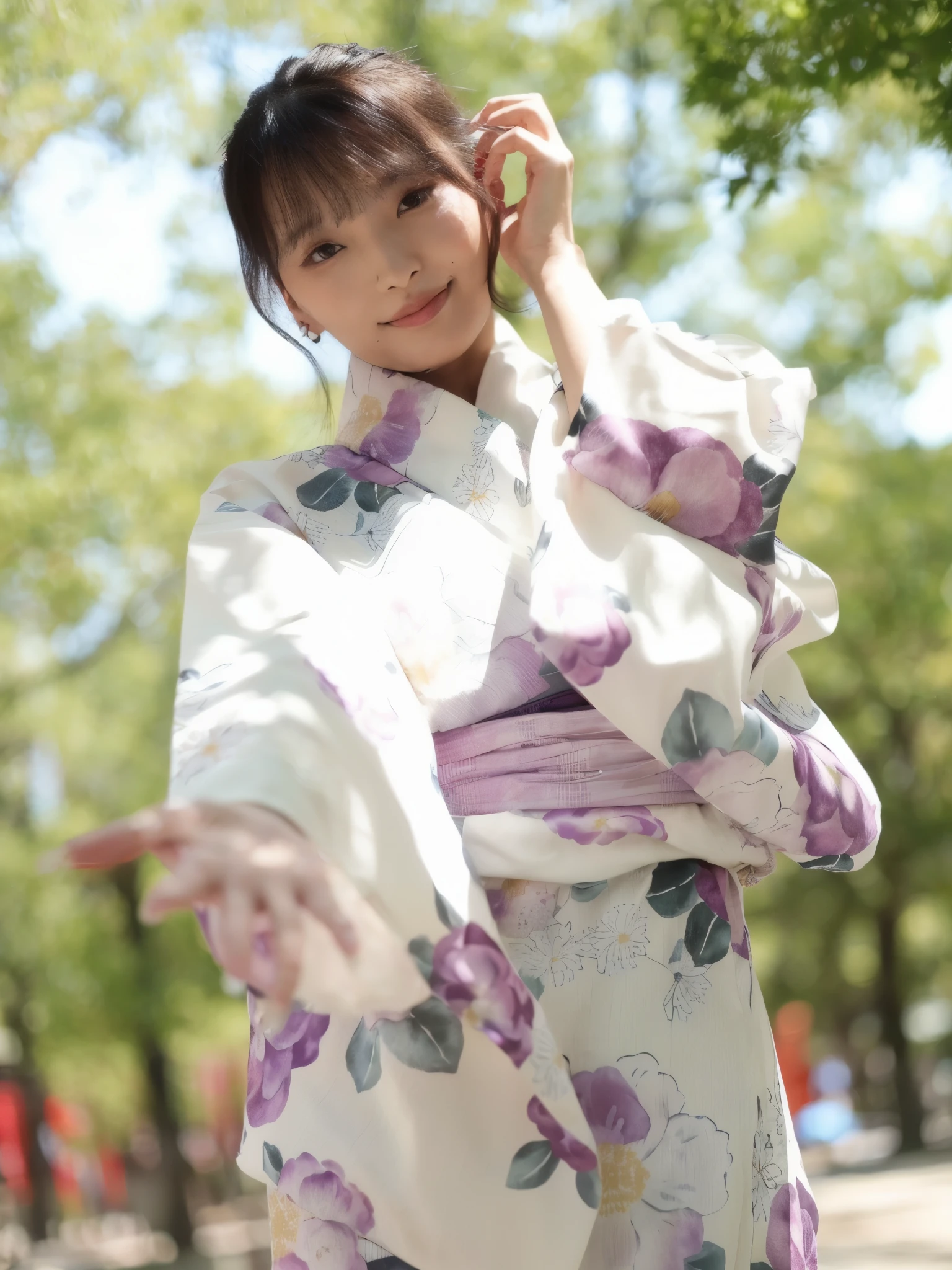 araffe woman in a kimono is talking on a cell phone, in kimono, yukata clothing, classy yukata clothing, wearing kimono, pale and coloured kimono, wearing a kimono, japanese model, kimono, japanese kimono, wearing a haori, in a kimono, wearing a colorful yukata, wearing royal kimono, traditional japanese, shiori teshirogi