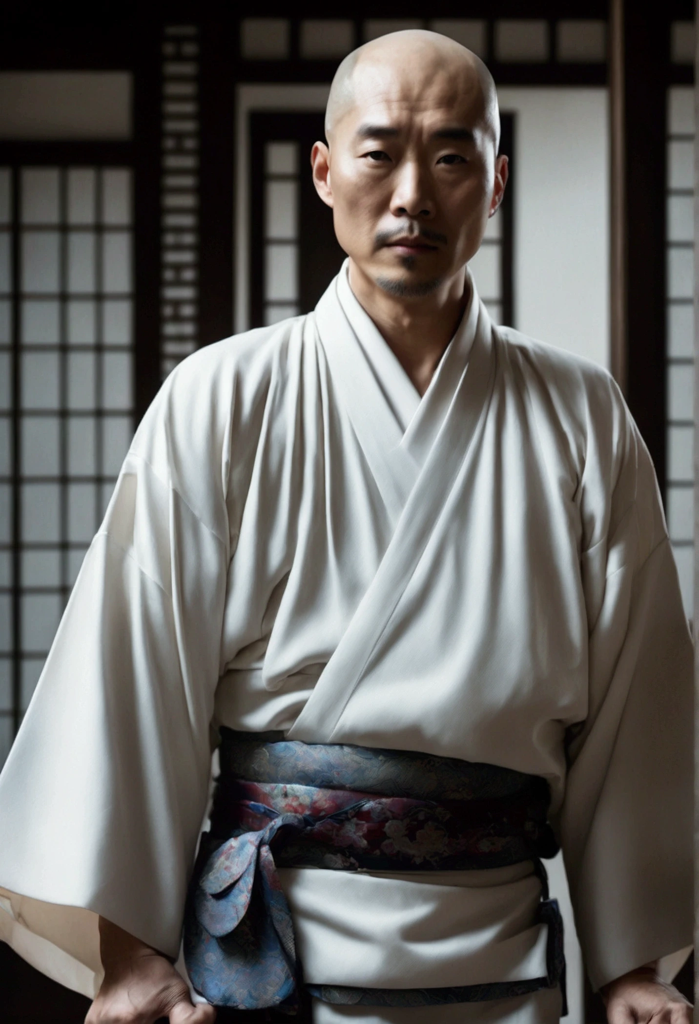 cinematic still, master, chinese, bald, white kimono, 30 years old, staff, striking, masterpiece, detailed face, 35mm