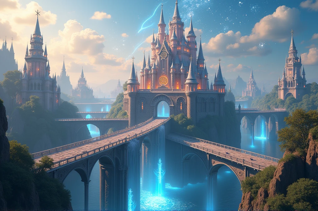 Epic, cinematic wide shot of the Magic Kingdom: a sprawling kingdom with grand castles and towers adorned with glowing runes and magical symbols. The kingdom is surrounded by floating islands and crystalline waterfalls. The sky is clear with floating orbs of light and ethereal creatures flying around. Elegant bridges connect various parts of the kingdom, with magical barriers shimmering in the sunlight. The atmosphere is mystical and grand, capturing the essence of a powerful and enchanting kingdom. Ensure high level of detail and realism to match cinematic quality.
