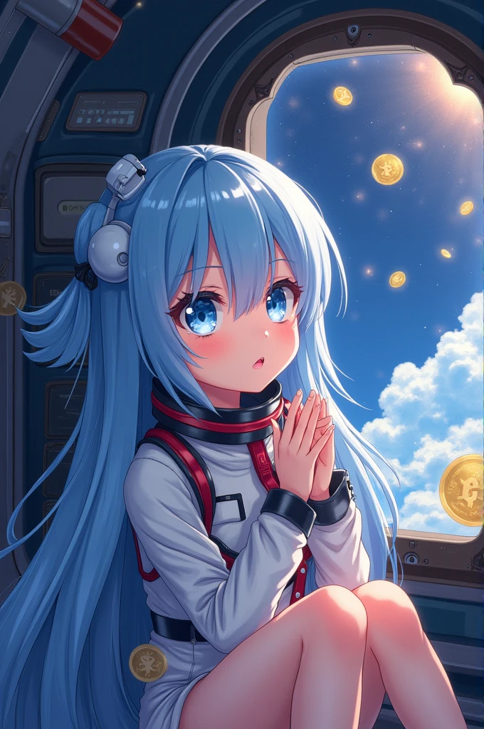A sexy girl with blue eyes and long blue hair wearing space suit in a spaceship's cockpit. Floating in the air, while looking at a galaxy made with gold and coins through a window. She's very beautiful and cute, her lips is soft pink, her hands is perfect and her eyes is very detail. Anime style, Japanese artist, high definition, masterpiece, best quality, high resolution, detail lighting and shadow.