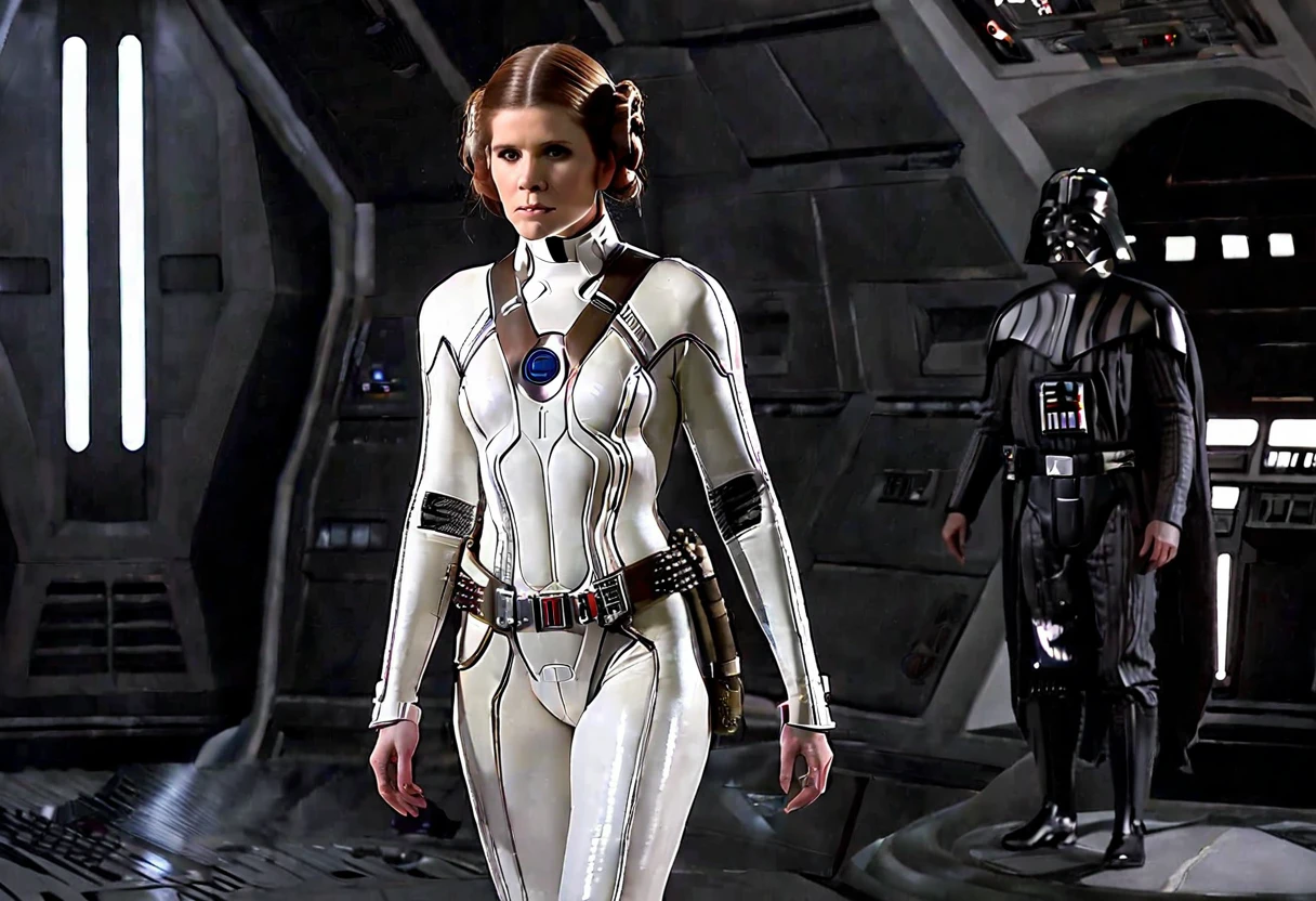 Kate Mara (age 25) in the role of Princess Leia (white Stellar Blade skin suit and cloak) is in a high tech and very dangerous torture chamber pleading with Darth Vader for mercy