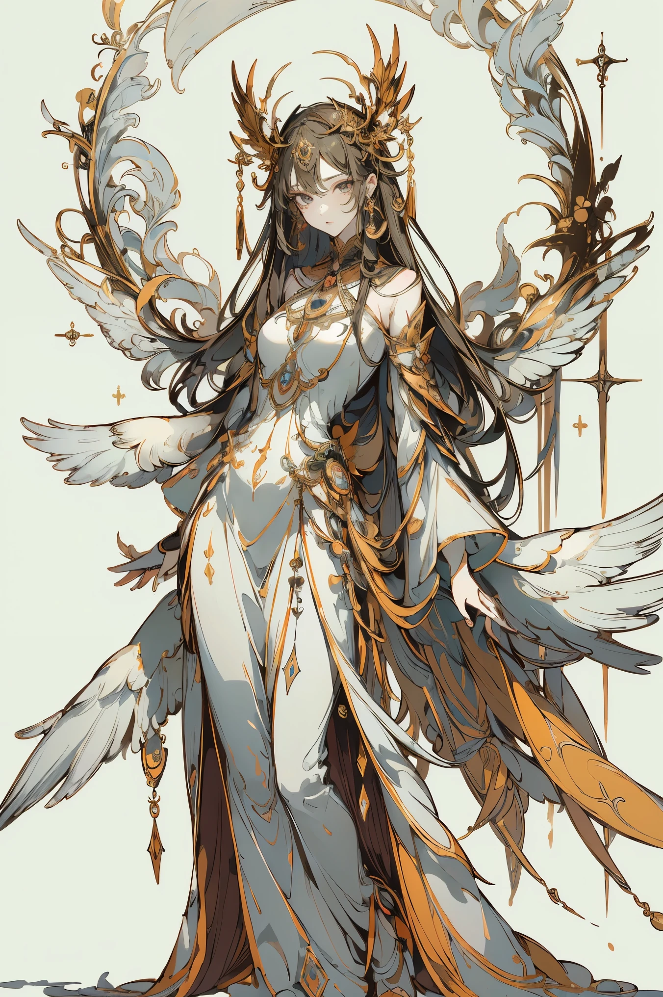 (Designed by nty:1.4),Full body portrait of 1 girl, Yoshitaka Amano character design,solo,Angelic, symmetric beauty, the angel's wings, Gorgeous long dress, Stood up, (((solo))), Colorful collocation，Clear facial features, Clean line design, Magical elements, future-tech, ((tarot card background)), Standing figure of the figure, ((flatcolors)), (tmasterpiece，top-quality，Best quality at best，Ultra-high resolution), ((exquisite facial features，Clear facial features，beautidful eyes，beauitful face))