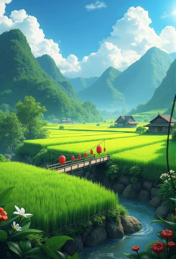 "A fantastical rural landscape in the style of 'Spirited Away.' Vast, lush green rice fields stretch out, with verdant mountains rising in the background. A small, old wooden bridge crosses the rice fields, adorned with red lanterns hanging from it. Soft light filters through the sky, creating a warm and inviting atmosphere. Small houses are scattered throughout, contributing to a nostalgic and nature-harmonious scene. Swaying rice plants and colorful flowers enhance the beauty of the countryside."