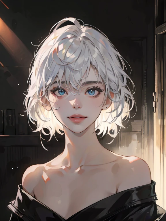 Best quality, masterpiece, ultra high res, (photorealistic:1.5), raw photo, 1girl, offshoulder, in the dark, deep shadow, low key, cold light, sexy look, white hair, short wavy hair, light smile