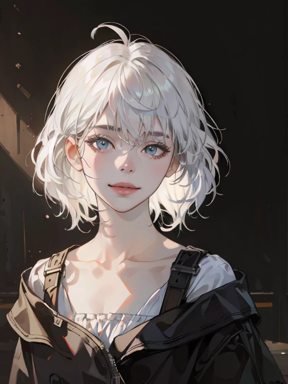 Best quality, masterpiece, ultra high res, (photorealistic:1.5), raw photo, 1girl, offshoulder, in the dark, deep shadow, low key, cold light, sexy look, white hair, short wavy hair, light smile