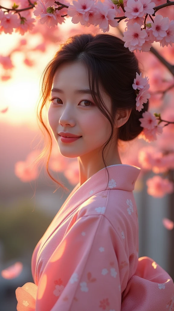 A sexy woman standing under the cherry blossom tree,Wearing a summer kimono,Hairpin,Smile,In the twilight,The petals flutter in the wind,(Use a wide-angle lens to capture full-body images:1.9),(masterpiece:1.1),(best quality:1.1)