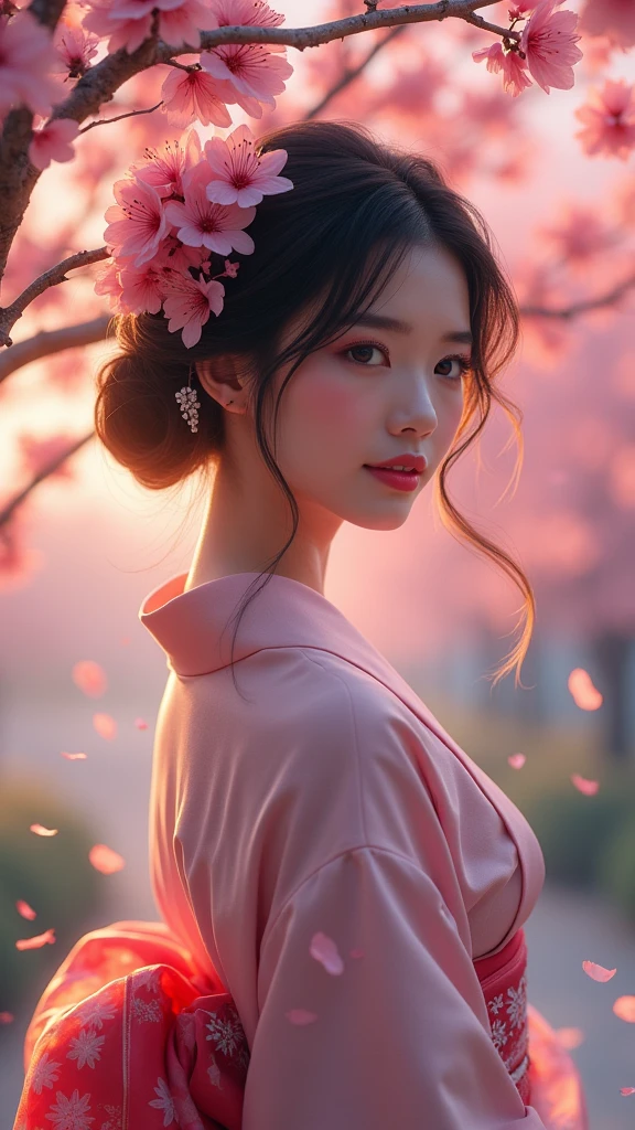 A sexy woman standing under the cherry blossom tree，Wearing a summer kimono，Hairpin，Smile，In the twilight，The petals flutter in the wind，(Use a wide-angle lens to capture full-body images:1.9)，(masterpiece:1.1)，(best quality:1.1)